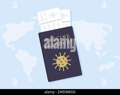 Coronavirus COVID-Impfpass mit Virus-Symbol und Flugtickets. Reisepass für Auslandsreisen mit Bordkarte. Impfkampagne. Vektorfl Stock Vektor