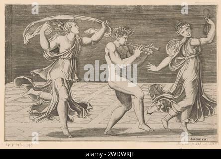 Dancing Sater a Maenaden, Agostino Veneziano, nach Rafaël, 1516 - 1562 drucken Einen sater und zwei maenaden Walk to the Right Dancing. In der Mitte spielt der Sater de Aulos (Doppelflöte) seine Stirn mit Efeu. Links und rechts die beiden tanzenden Maenaden. Druckerei: Italien Zeichnung von: Italien Verlag: Rom Papierstich Satyrs, Faun, Silen. Maenad(s), weibliche Bacchant(s). Flöte, Stämme. Tanzen Stockfoto