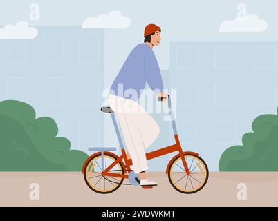 Stilvoller Mann, der Straße reitet, faltendes Fahrrad in der flachen Illustration des Stadtvektors. Trendig aussehender Mann mit Hut fährt urbanes umweltfreundliches, zusammenklappbares rotes Fahrrad. Youn Stock Vektor