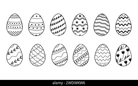 Vektor-Sammlung von dekorierten Ostereiern im Doodle-Stil isoliert auf weißem Hintergrund. Bündel umrissener Symbole mit unterschiedlichen Mustern für Frühling HO Stock Vektor