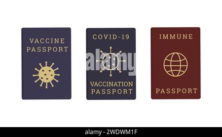 Satz Coronavirus COVID Impfpass mit Erde und Virus Symbol. Reisepässe in verschiedenen Farben für Auslandsreisen. Impfkampagne. Vektorfl Stock Vektor