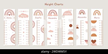 Große Vektor-Set mit Kindergrößenkarten mit abstrakten Boho-Formen und Regenbögen in Terrakotta-Farben. Messgerätewand mit trendigem Design. Wachstumsdiagramm für Kinder Stock Vektor