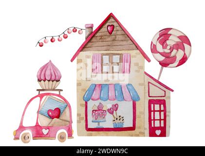 Handgezeichnete Aquarellillustration zeigt Clipart Einer Bäckerei mit Cupcakes und Ein Auto mit Einem Cupcake auf dem Dach Stockfoto