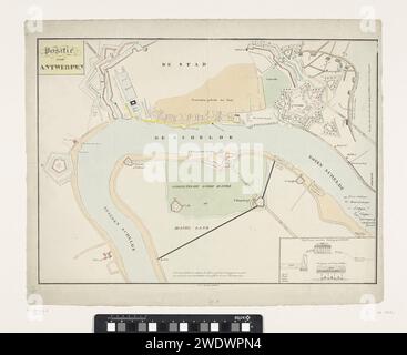 Karte von Antwerpen und die Zitadelle, 1832, Anonym, 1832 drucken Karte von Antwerpen und die Zitadelle, zur Zeit der Belagerung durch die französische Armee im November-Dezember 1832. Auf der Karte der Teil der Stadt, der im Oktober 1830 erschossen wurde, und der Teil um den flämischen Kopf, der unter Wasser liegt. Unten rechts ein Durchmesser von und eine Ansicht einer Batterie auf der Zitadelle. Druckerei: Niederlandsprinter: Utrechter Papier-Dauerfestungsanlagen. Stadtpläne. Plan  Architektur Zitadelle von Antwerpen (19. Jahrhundert). Antwerpen Stockfoto