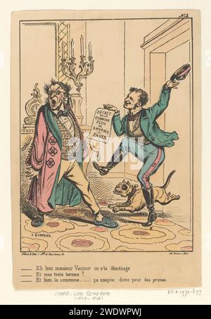 Cartoon über die Mieterhöhungen durch die Kommune Paris, 1871, Leo Scherer, ca. 1871 Cartoon über die Mieterhöhungen durch die Kommune Paris, 1871. Einem verwirrten Mieter wird die Verordnung „Décret de la Commune Plus de Loyers à Payer“ vorgelegt. Drucknr 4 in der Serie „Souvenir de la Commune“ (dieser Serientitel wurde abgeschnitten). Paris Papier. Aquarell (Farbe) politische Karikaturen und Satiren. Städtischer Wohnraum Stockfoto