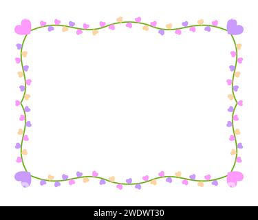 Vintage valentine Herzrahmen Border Trennwand florale flach. Niedliches lila Pastellmärchen Kind Liebe Magie Bunte Trennzeichen Blumen filigrane rechteckige Grußkarte Regenbogen Hochzeit Buch Cover Rahmen Stock Vektor