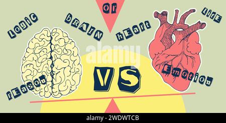 Concept Heart vs. Brain. Collage-Poster im Vintage-Design. Symbole für psychische Gesundheit und emotionales Wohlbefinden. Mind-Heart Balance handgezeichnete Grafik. Halb Stock Vektor