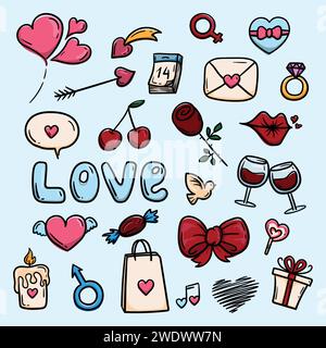 Set mit handgezeichneten Doodle-Elementen zum Valentinstag Stock Vektor