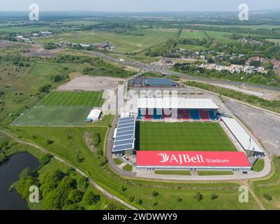 Luftaufnahme des AJ Bell Stadions und der Trainingsfelder. Heimstadion der Salford Red Devils der Rugby League und der Sale Sharks der Rugby Union in Manchester, Großbritannien Stockfoto