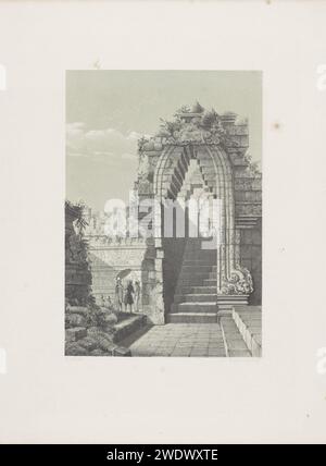 Ruin van Borobudur, Adrianus Johannes Bik, 1809 - 1872 Druckruine des Borobudur-Heiligtums in Jogyakarta. Ein paar Figuren laufen zwischen den Ruinen. Im Zentrum befindet sich eine Treppe, die mit einem spitzen Bogen bedeckt ist. Auf der linken Seite wird ein Adliger von einem Diener vor der Sonne mit einem Sonnenschirm beschützt. Der Tempel ist abgelaufen und teilweise mit Pflanzen bewachsen. Die Haager Papierruine eines Gebäudes  Architektur. Tempel, Schrein  Hinduismus, Buddhismus, Jainismus. Sonnenschirm, Sonnenschirm Borobudur Stockfoto