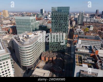 Luftaufnahme von 3 Hardman Square, One Spinningfields, 3 Hardman Street, Spinningfields mit Blick auf die Quay Street bis zum Stadtzentrum von Manchester Stockfoto