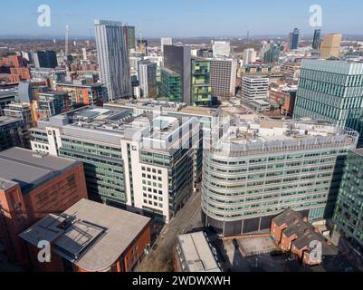 Luftaufnahme von 3 Hardman Square, 1 Hardman Boulevard, Manchester Crown Court, Spinningfields & Affinity im Stadtzentrum von Manchester, Großbritannien Stockfoto