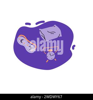 Maske für Schlaf, Kissen und Uhr Cartoon Illustration. Vektordarstellung isoliert. Dinge, die den Menschen helfen, gut zu schlafen. Hilfe für ein gutes Schlafkonzept. Hintergrund des Weltschlaftags. Stock Vektor