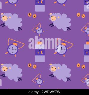 Cartoon Schafe und Alarm, Pillen für Schlaf Vektor Hintergrund. Vektordarstellung isoliert. Geeignet für Textilien, Geschenkpapier, Poster. Stock Vektor