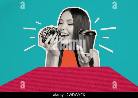 Kreative Foto Collage Banner Junge glückliche Mädchen essen süß lecker Donut Kuchen Bäckerei Cafeteria bestellen Kaffee Tasse Pause Mittagessen Stockfoto