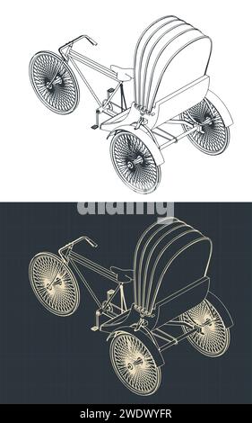Stilisierte Vektorillustrationen von Blaupausen dreirädriger Mannkraftfahrzeuge Stock Vektor