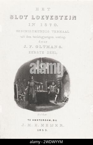 Gesellschaft durch brennenden Kamin, Dirk Jurriaan Sluyter, in oder vor 1853 drucken Ein Herr einer Burg sitzt in einem Stuhl neben einem brennenden Kamin. Auf dem Tisch neben ihm steht eine Karaffe mit zwei Gläsern. Der Herr macht eine Verteidigungsgeste an den Mönch, der ihm gegenüber steht, der auf ihn zeigt. Über dem Bild Titel und Autor, unter dem Impressum. Amsterdamer Papierätzung/Gravur Stockfoto