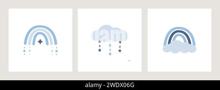 Skandinavische Boho Regenbogen und Wolken Set Karten in pastellblauen Farben. Himmlische Clip-Art-Dekoration für das Kinderzimmer. Handgezeichnete Vektorelemen Stock Vektor