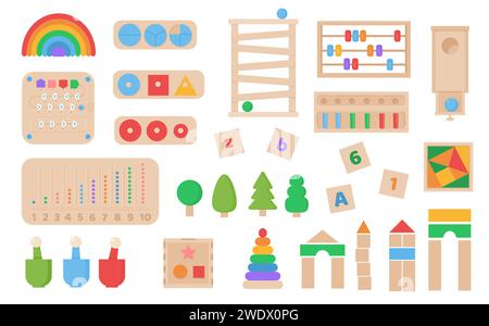 Vektorsatz von Montessori-Spielen. Umweltfreundliches Logikspielzeug für Kinder im Vorschulalter aus Holz. Spielsachen für die Entwicklung Ihres Babys. Sammlung verschiedener Elemente Stock Vektor