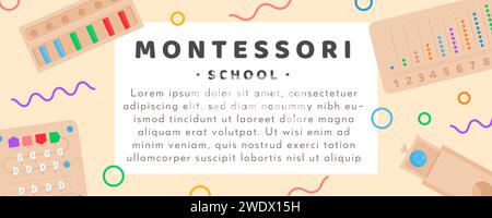 Vektor-Banner für Montessori Schule oder Kindergarten. Umweltfreundliche Logikspielzeuge aus Holz und Bretter für Kinder im Vorschulalter. Poster für Early Deve Stock Vektor