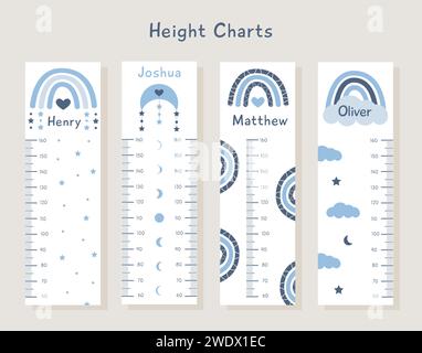 Vektorsatz von Kinderhöhenkarten mit abstrakten Boho-Regenbögen und Wolken in pastellblauen Farben. Messgerätewand mit trendigem Design. Wachstumsdiagramm für Kinder. B Stock Vektor