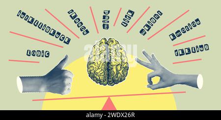 Concept Heart vs. Brain. Collage-Poster im Vintage-Design. Symbole für psychische Gesundheit und emotionales Wohlbefinden. Mind-Heart Balance handgezeichnete Grafik. Halb Stock Vektor