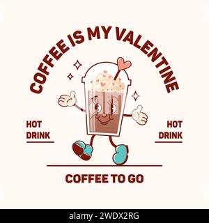 Kaffeetasse mit Schlagsahne, tanzen und lächeln. Süßwarenstreusel, Herzlutscher. Trendiger alter Retro-Cartoon-Stil. Grooviges Vintage-Poster-Vale Stock Vektor