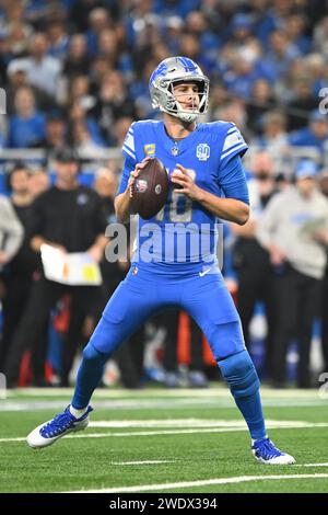 DETROIT, MI - 21. JANUAR: Detroit Lions Quarterback (16) Jared Goff im Spiel zwischen den Tampa Bay Buccaneers und den Detroit Lions am 21. Januar 2024 im Ford Field in Detroit, MI (Foto: Allan Dranberg/CSM) Stockfoto