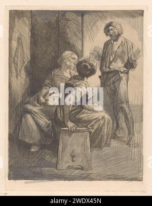 Drei sich wandelnde Figuren, Johannes Josephus Aarts, 1881 - 1934 Druck zwei Frauen sitzen auf einem hölzernen Sofa. Einer von ihnen sieht einen stehenden Mann an, der mit seinen Händen Gesten macht. Papier. Bleistift, das Gespräch, Dialoge, Gesprächsstück. Sitzende Figur - AA - weibliche menschliche Figur. Erwachsener Mann (+ stehend) Stockfoto