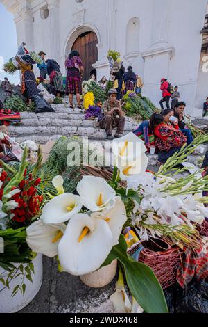 mercado de flores frente a la Iglesia de Santo Tomás, Chichicastenango, Quiché, Guatemala, America Central Stockfoto