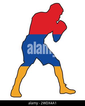 Silhouette eines schweren Boxers im Umriss über der Nationalflagge Armeniens Stock Vektor