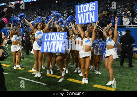 DETROIT, MI - 21. JANUAR: Die Cheerleader der Detroit Lions feiern den zweiten Playoff-Sieg der Saison während des Spiels zwischen den Tampa Bay Buccaneers und den Detroit Lions am 21. Januar 2024 im Ford Field in Detroit, MI (Foto: Allan Dranberg/CSM) Stockfoto