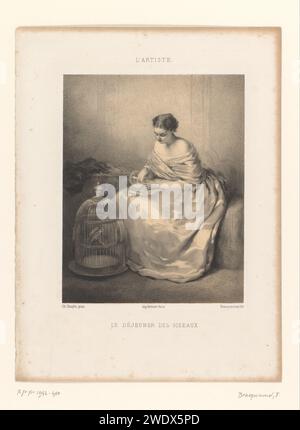Frau gibt ihren Vögeln zu trinken, Félix Bracquemond, nach Charles Chaplin, 1860 Druck Paris Paper Vogel in einem Käfig. Erwachsene Frau. Freundschaft zwischen Mensch und Tier; streicheln, streicheln Stockfoto