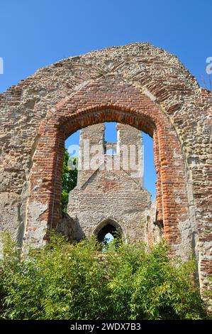 All Saints' Church auf dem Gelände des Colchester Zoo, Essex, Großbritannien. Aus dem 13. Jahrhundert ehemalige Pfarrkirche von Great Stanway. Ruinen, teilweise restauriert Stockfoto