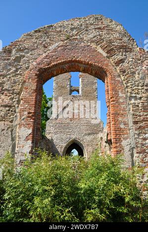 All Saints' Church auf dem Gelände des Colchester Zoo, Essex, Großbritannien. Aus dem 13. Jahrhundert ehemalige Pfarrkirche von Great Stanway. Restaurierte Ruinen Stockfoto