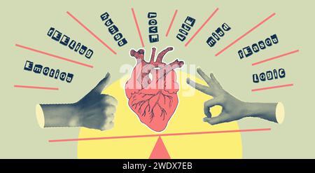 Concept Heart vs. Brain. Collage-Poster im Vintage-Design. Symbole für psychische Gesundheit und emotionales Wohlbefinden. Mind-Heart Balance handgezeichnete Grafik. Halb Stock Vektor