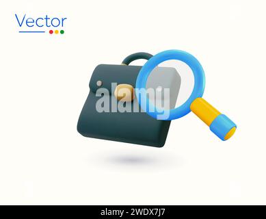 3D gerenderte Jobsuche, Suchsymbol, mit Aktenkoffer und Lupe, isoliert auf weißem Hintergrund. Symbol für offene Stelle, Arbeit und Vorstellungsgespräch. 3D-Vektordarstellung. Vektorabbildung Stock Vektor