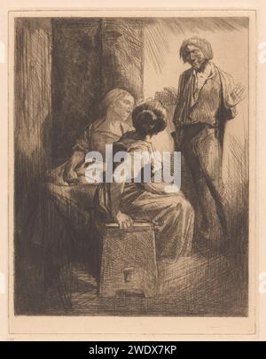 Drei sich wandelnde Figuren, Johannes Josephus Aarts, 1881 - 1934 Druck zwei Frauen sitzen auf einem hölzernen Sofa. Einer von ihnen sieht einen stehenden Mann an, der mit seinen Händen Gesten macht. Konversation, Dialoge, Gesprächsstück auf Papier. Sitzende Figur - AA - weibliche menschliche Figur. Erwachsener Mann (+ stehend) Stockfoto