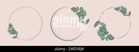 Botanischer Eukalyptus-Kreis-Rahmensatz. Handgezeichneter runder Rand, Blätter und Blumen für Hochzeitseinladungen und Karten, Logo-Design, soziale Medien und Stock Vektor