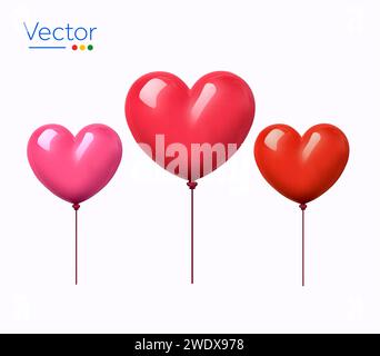 3D gerenderter niedlicher roter und rosafarbener Ballon in Herzform, isoliert auf weißem Hintergrund. Symbol für 3D-Herzballon. Hintergrund zum Valentinstag. Vektorabbildung. Vektorabbildung Stock Vektor