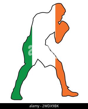 Silhouette eines schweren Boxers in Umriss über der Nationalflagge von Eire Stock Vektor