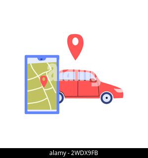 Fahrzeugfahrzeug- und mobile App mit Karte und Standortmarkierung. Kann für Car-Sharing-Service, Mietfahrzeug-Konzept verwendet werden. Stock Vektor