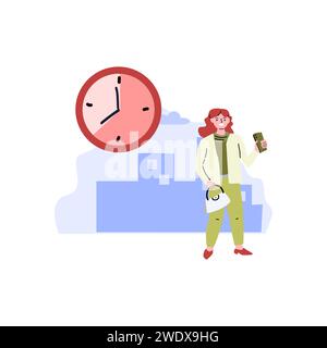 Geschäftliche Wartezeit – Frau im Anzug mit Uhr im Stehen und mobiler App. Vektordarstellung isoliert. Horizontaler Hintergrund der Stadtlandschaft. Stock Vektor