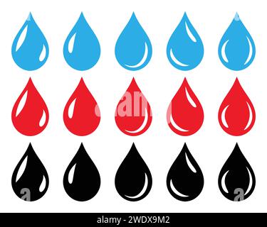 Symbol für Wasser, Blut und Öltropfen in blau, rot und schwarz. Set aus glänzenden Wasser-, Blut- und Öltropfen-Symbolen isoliert auf weißem Hintergrund. Stock Vektor