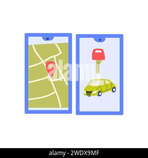 Mobile App mit Wegmarkierung und Fahrzeugfahrzeug mit elektronischem Schlüssel. Vektorillustration kann für Banner, Concept Car Sharing Hintergrund verwendet werden. Stock Vektor