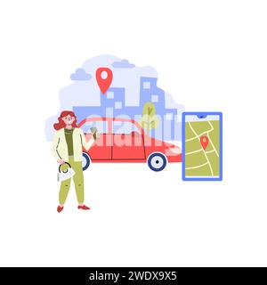 Mietwagen-Sharing-Konzept, Transport-Carsharing-Service. Vektor-Illustration mit modernem Stadtbild-Hintergrund. Frau mit mobiler App, die ein Fahrzeug mit Standortmarkierung bestellt. Stock Vektor