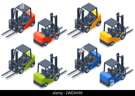 Isometrischer Gabelstapler isoliert auf weißem Hintergrund. Gabelstapler. Hydraulische Maschinen. Gabelstapler mit Mann fahren. Stock Vektor