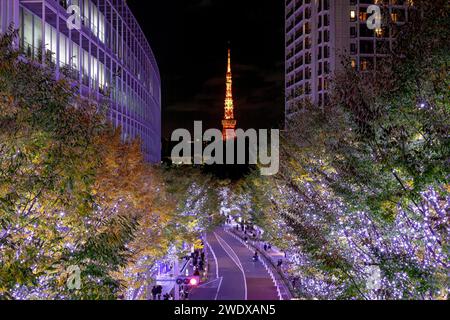 TOKIO/JAPAN - 21. November 2023: weihnachtsbeleuchtung und Blick auf den tokioter Turm im roppongi-Viertel Stockfoto