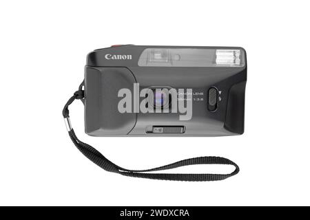 Alte alte Canon 35-mm-Filmkamera auf weißem Hintergrund Stockfoto