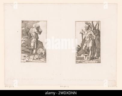 Saturn mit hölzernem Bein und Baby in den Armen, Georges Reverdy, 1536–1569 Druckpapierstich (Geschichte von) Saturn (Cronus). Saturn und seine Kinder („Planetenkinder“) Stockfoto